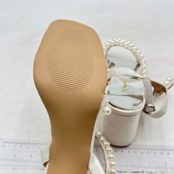XYD Women's Pearl Strappy Bridal Open Toe Sandals Block High Heels Ankle Strap - Picture 6 of 7